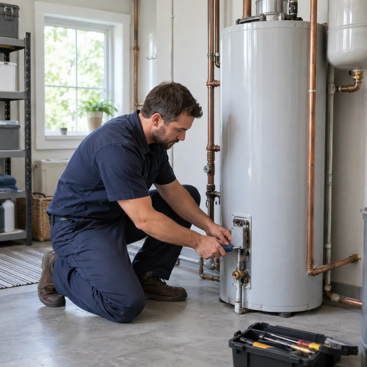 Technician inspecting a residential tank water heater in a home utility room.