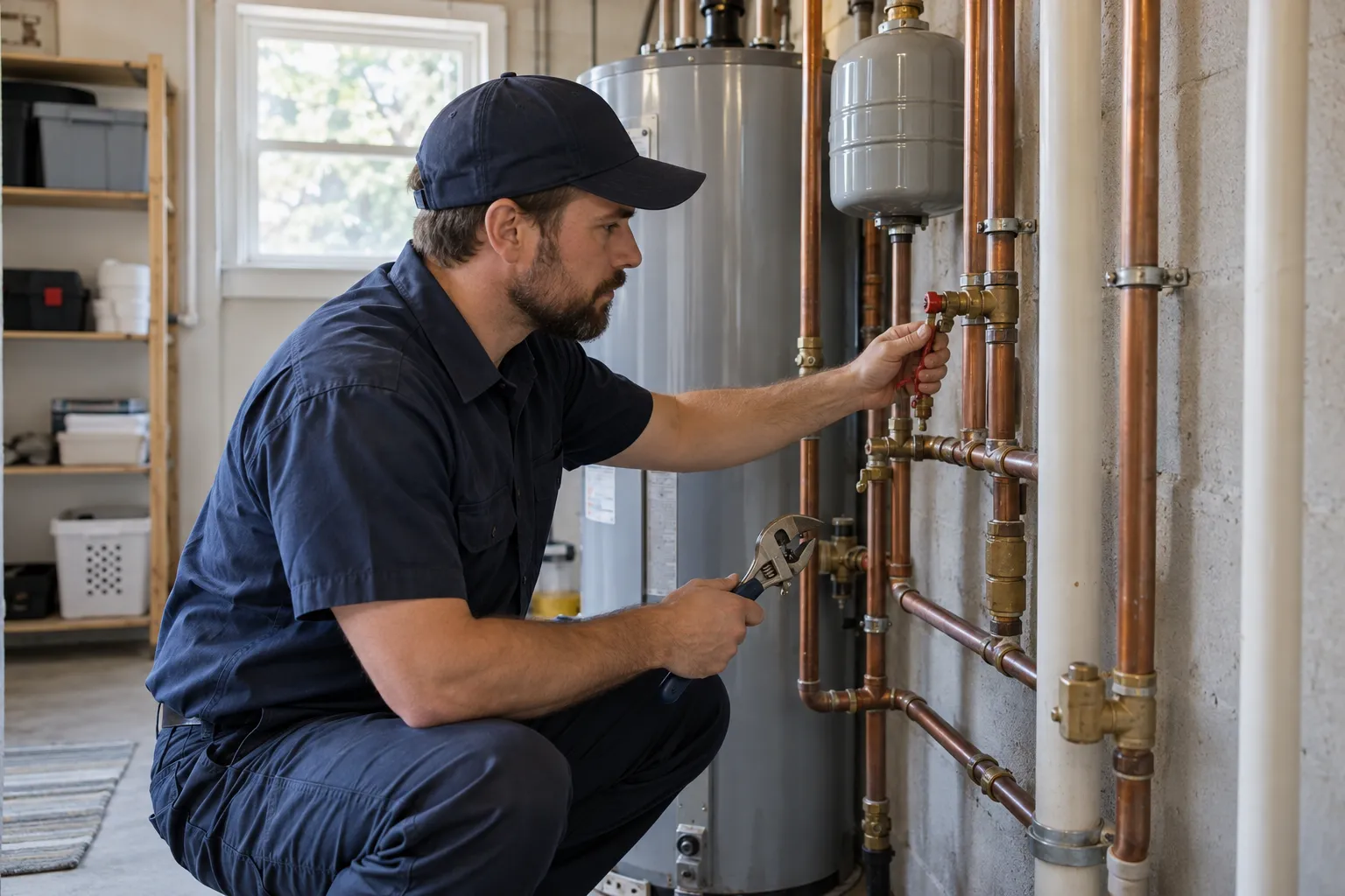 Technician checking residential water heater pipework in a bright utility room.