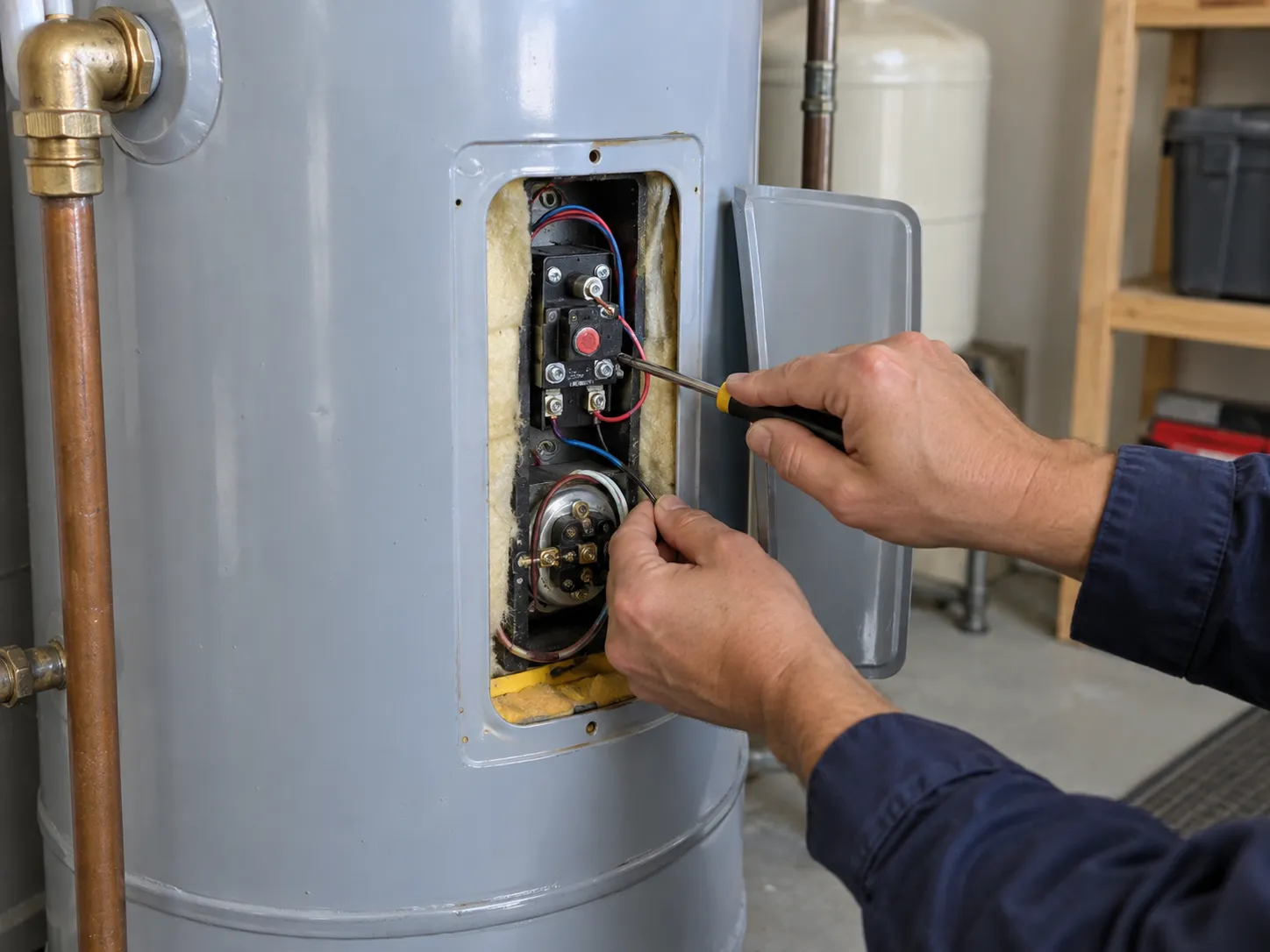 Hands inspecting an electric water heater thermostat behind an open access panel.