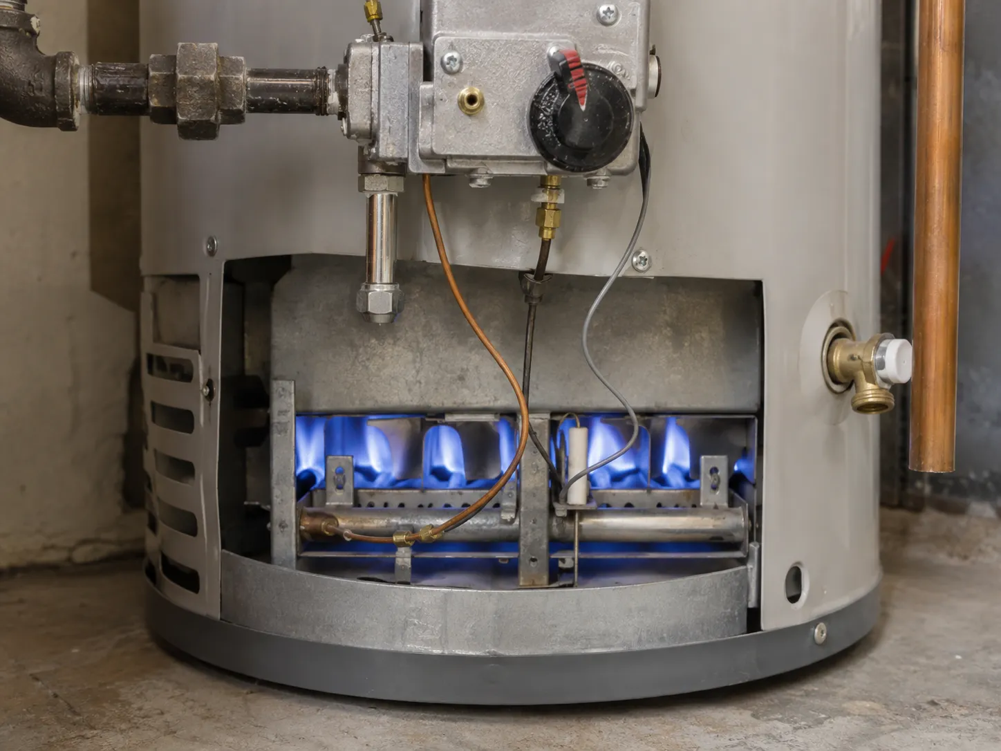 Blue flames inside a gas water heater burner compartment.