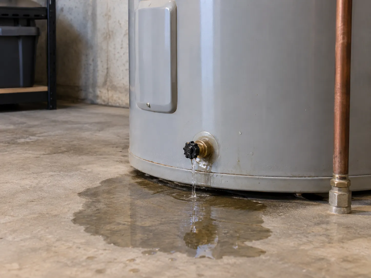 Water leaking from the lower drain connection of a residential water heater.