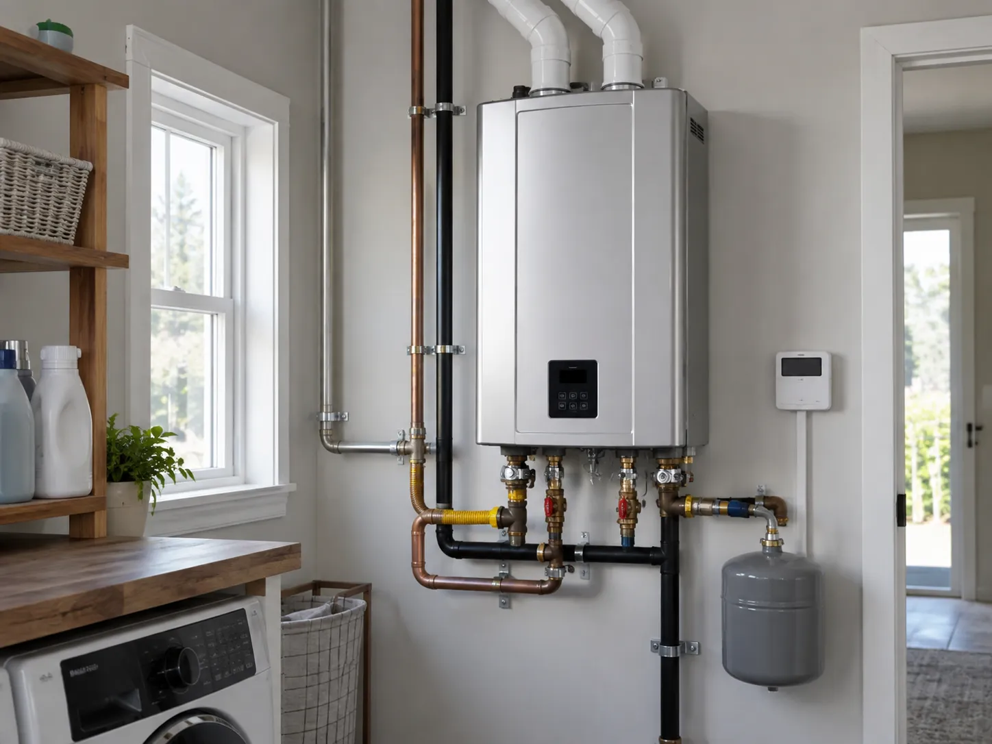 Wall-mounted tankless water heater with connected pipes in a residential utility room.