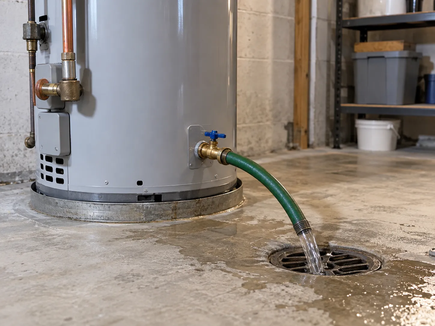 Water draining through a hose from a water heater into a utility floor drain.