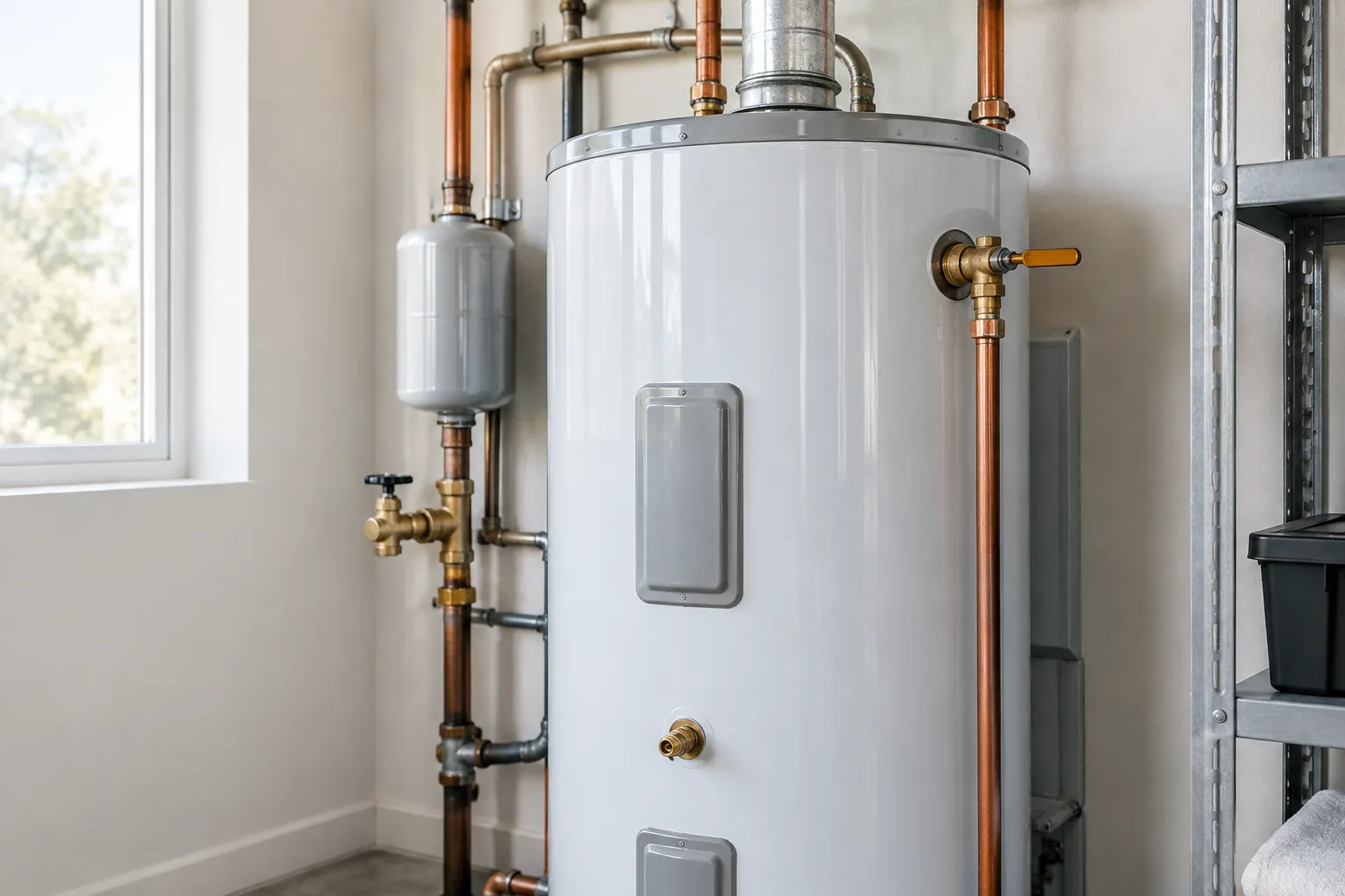 Residential storage water heater installed beside copper pipework.